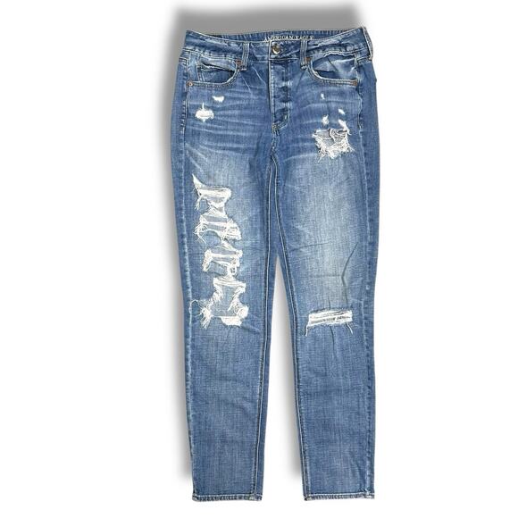 American Eagle Jeans Tomgirl Button Fly Distressed Medium Wash Womens 8 X Long - Picture 1 of 12